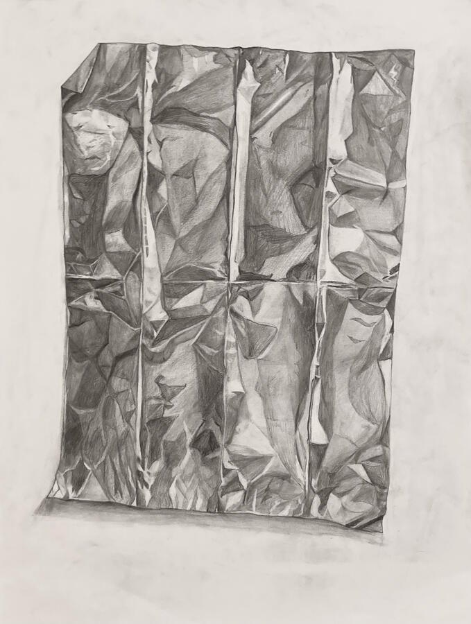 tinfoil, graphite on paper. 18&quot;x24&quot; (october 2022)